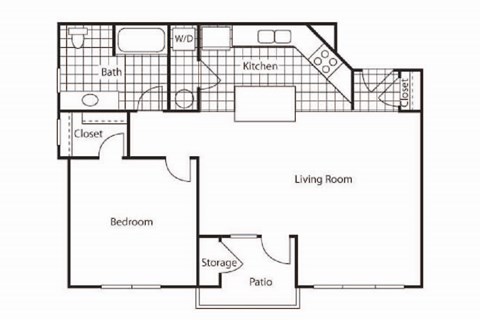 Floor plan for 1 bed, 1 bath, 712 sqft